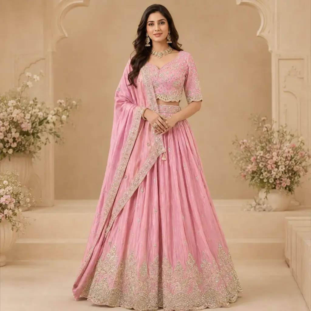 Women's Pink Embroidered Lehenga Choli with Dupatta for Wedding, Sangeet and Festive Party Wear Set