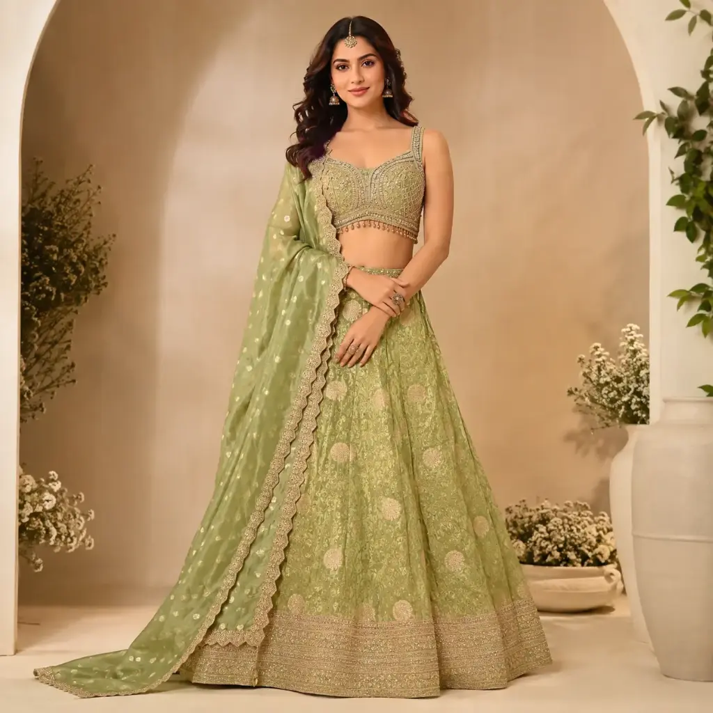 Women's Pista Green Embroidered Lehenga Choli with Dupatta for Wedding, Sangeet n Festive Party Wear