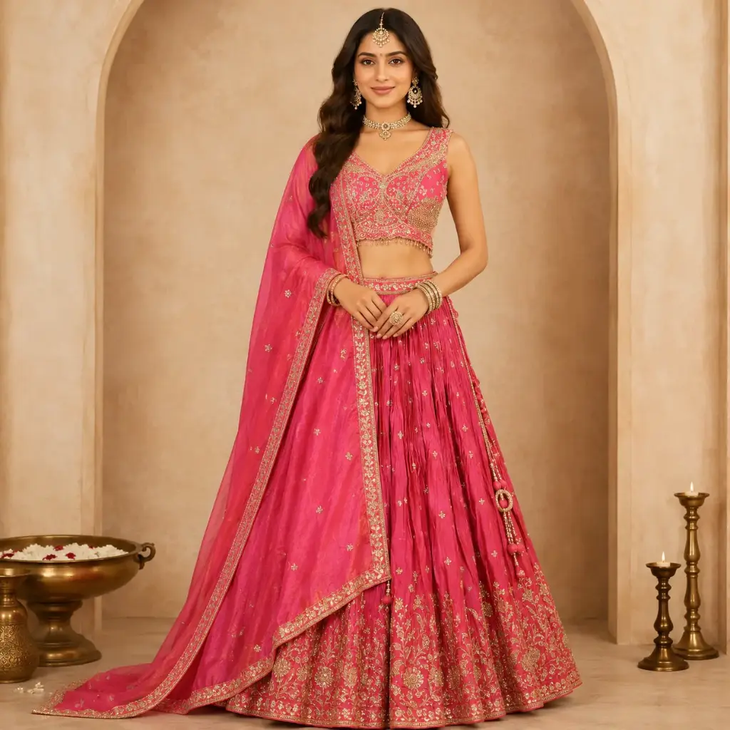 Women's Rani Pink Embroidered Lehenga Choli with Dupatta for Wedding, Sangeet and Festive Party Wear