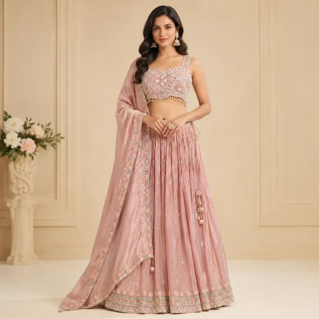 Women's Dusty Rose Embroidered Lehenga Choli with Dupatta for Wedding Sangeet and Festive Party Wear