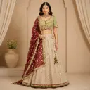 Women's Beige Embroidered Lehenga Choli with Green Blouse, Maroon Dupatta for Wedding and Party Wear