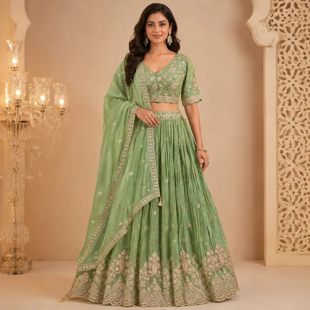 Women's Mint Green Embroidered Lehenga Choli with Designer Blouse & Dupatta