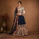 Women's Navy Ivory Printed Lehenga Choli Set with Long-Sleeve Top and Dupatta