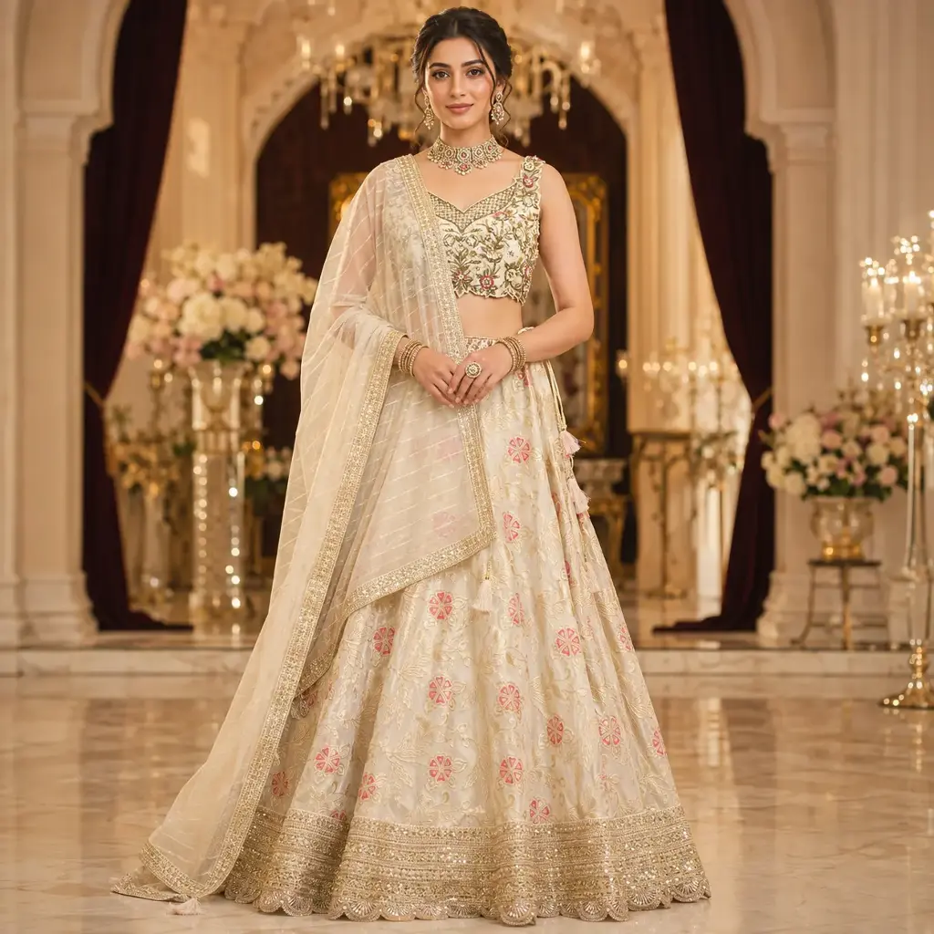 Women's Ivory Gold Embroidered Lehenga Choli Set with Sleeveless Blouse and Net Dupatta