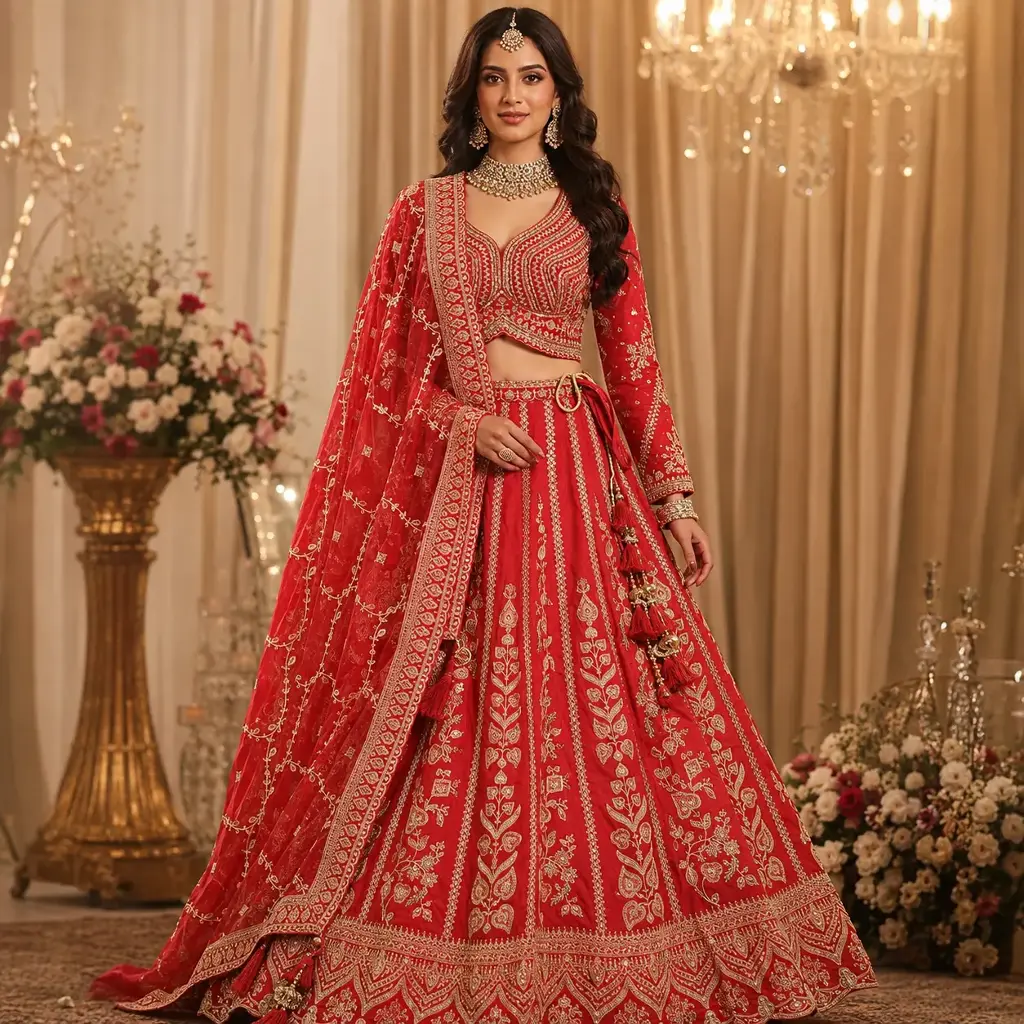 Women's Red Embroidered Lehenga Choli with Full-Sleeve Blouse & Dupatta