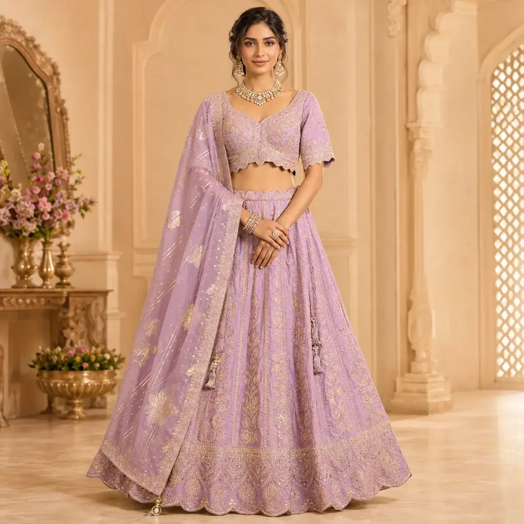 Women's Lavender Embroidered Lehenga Choli with Designer Blouse and Dupatta