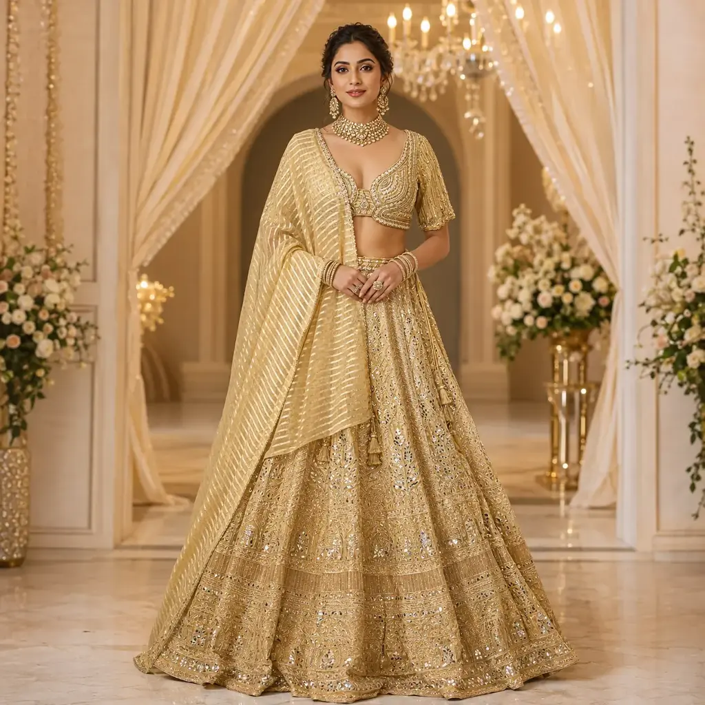 Women's Gold Embroidered Lehenga Choli Set with Designer Blouse and Dupatta