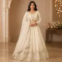 Women’s Ivory Embroidered Lehenga Choli with Dupatta, Full Sleeve Sequin Work Blouse