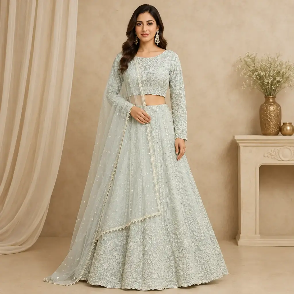 Women’s Pastel Blue Embroidered Lehenga Choli with Dupatta, Full Sleeve Bridal Wedding Festive Party Wear Ethnic Dress Set