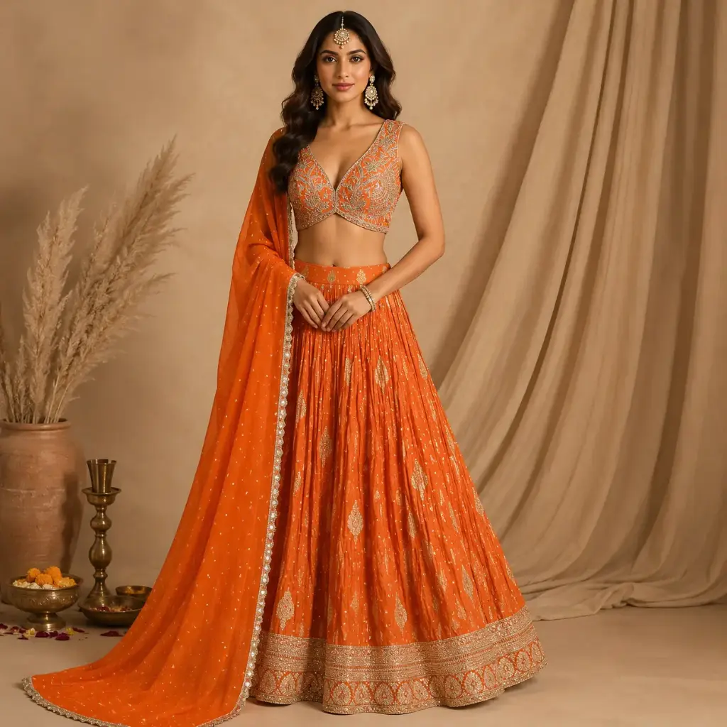 Women’s Orange Embroidered Lehenga Choli with Dupatta, Sleeveless V-Neck Blouse