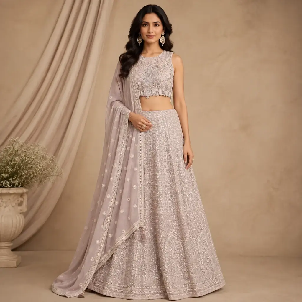 Women’s Dusty Lavender Embroidered Lehenga Choli with Dupatta, Sleeveless Blouse, Sequin Work, Wedding Reception Party Festive Ethnic Wear Set