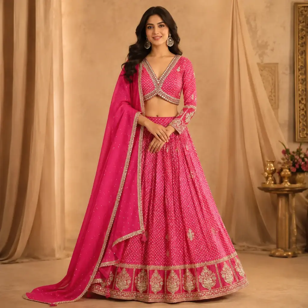 Women’s Rani Pink Embroidered Lehenga Choli with Dupatta, V-Neck Full Sleeve Blouse