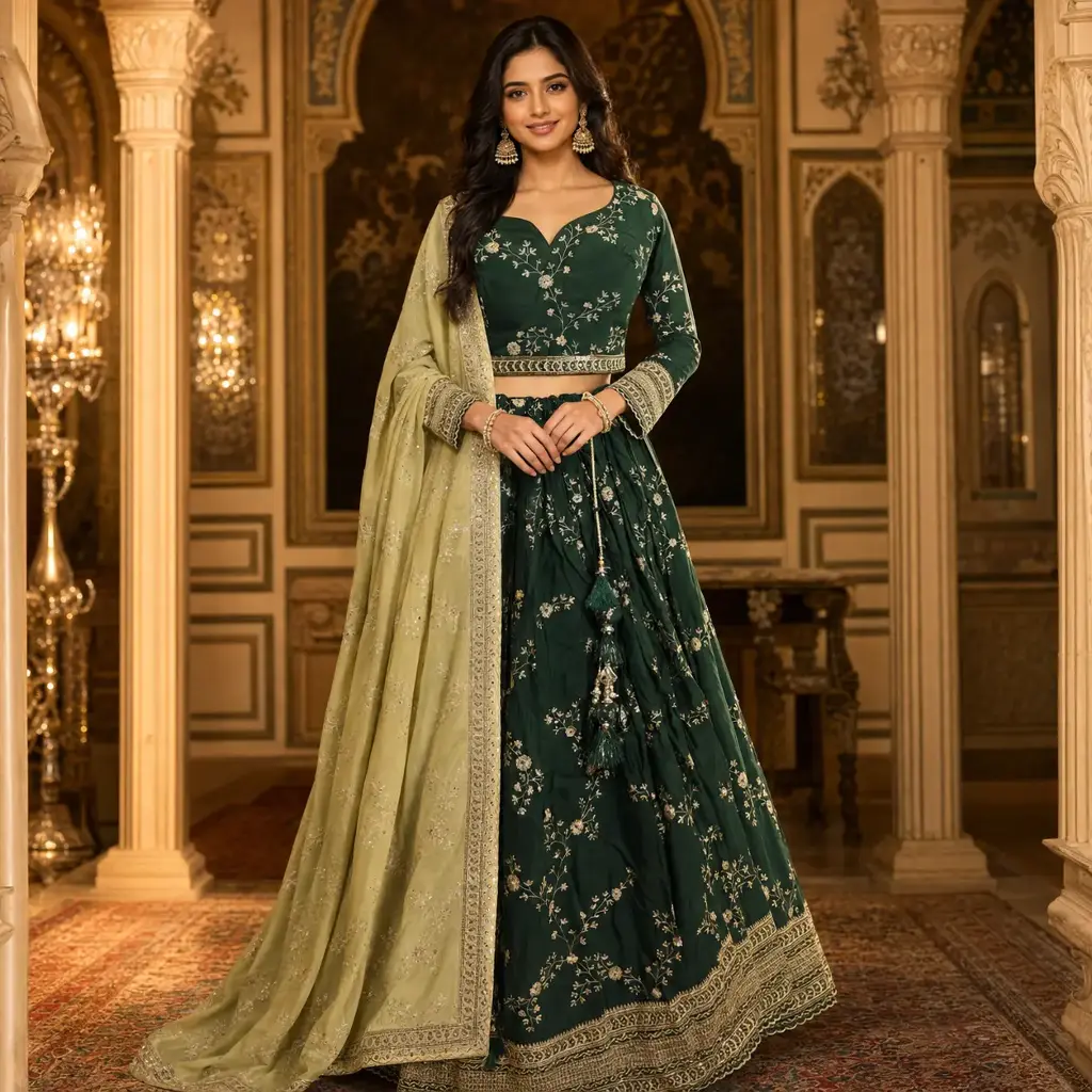 Women's Dark Green Embroidered Lehenga Choli Set with Designer Blouse & Contrast Dupatta