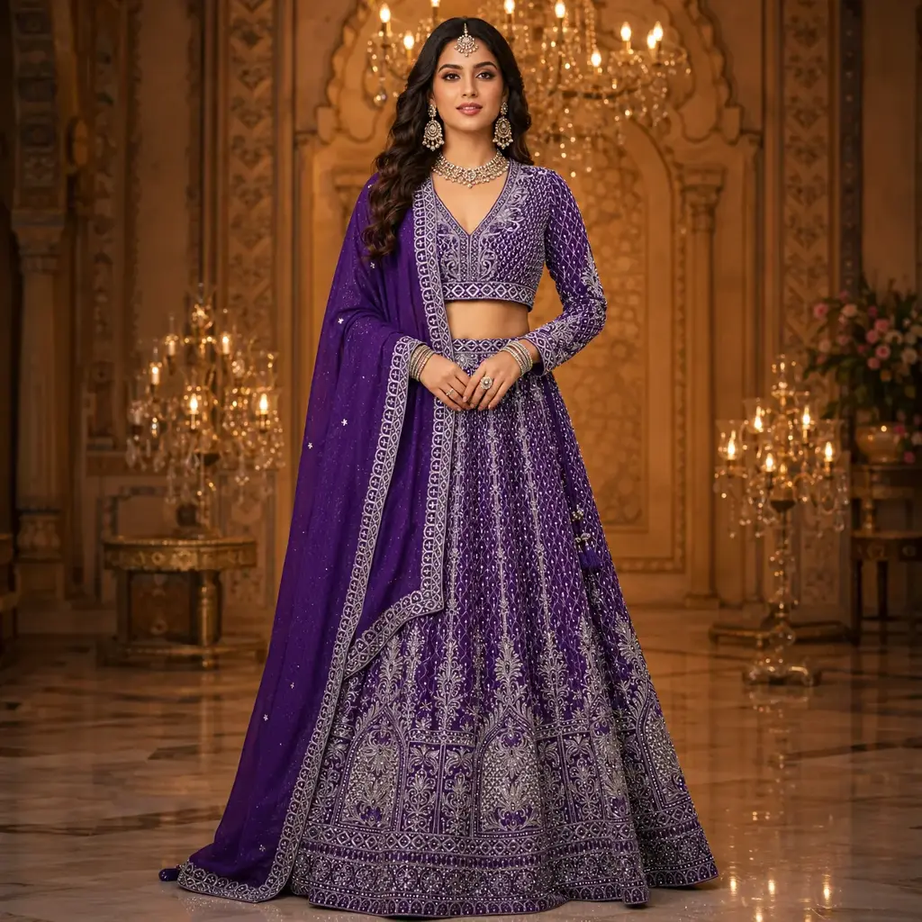 Women's Purple Silver Embroidered Lehenga Choli Set with Full-Sleeve Blouse and Dupatta