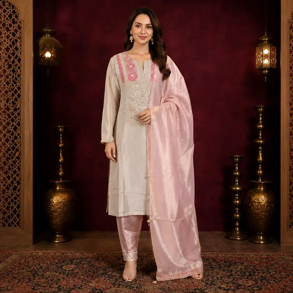Women’s Cream Embroidered Kurta Pant Set with Pink Dupatta, Elegant Festive Ethnic Suit for Wedding