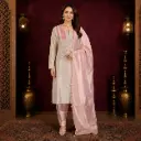 Women’s Cream Embroidered Kurta Pant Set with Pink Dupatta, Elegant Festive Ethnic Suit for Wedding
