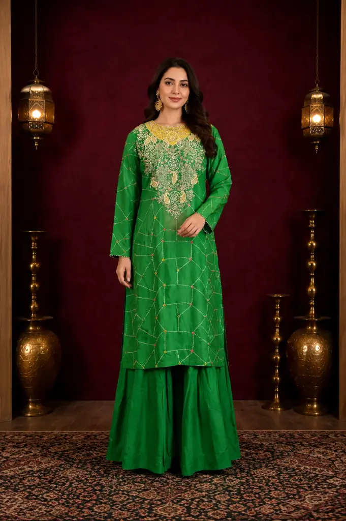 Women’s Green Embroidered Kurta with Palazzo Set, Yellow Gold Work Ethnic Outfit