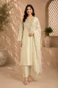 Women’s Cream Embroidered Kurta Pant Set with Dupatta, Elegant Zari n Sequin Work Ethnic Suit for Wedding
