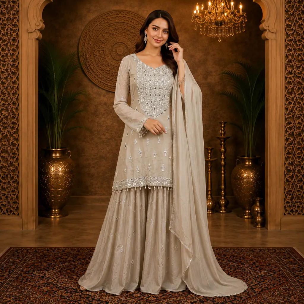 Women’s Cream Embroidered Long Kurta with Flared Palazzo n Dupatta Set, Elegant Mirror Work Ethnic Outfit for Wedding