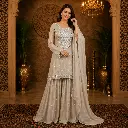 Women’s Cream Embroidered Long Kurta with Flared Palazzo n Dupatta Set, Elegant Mirror Work Ethnic Outfit for Wedding