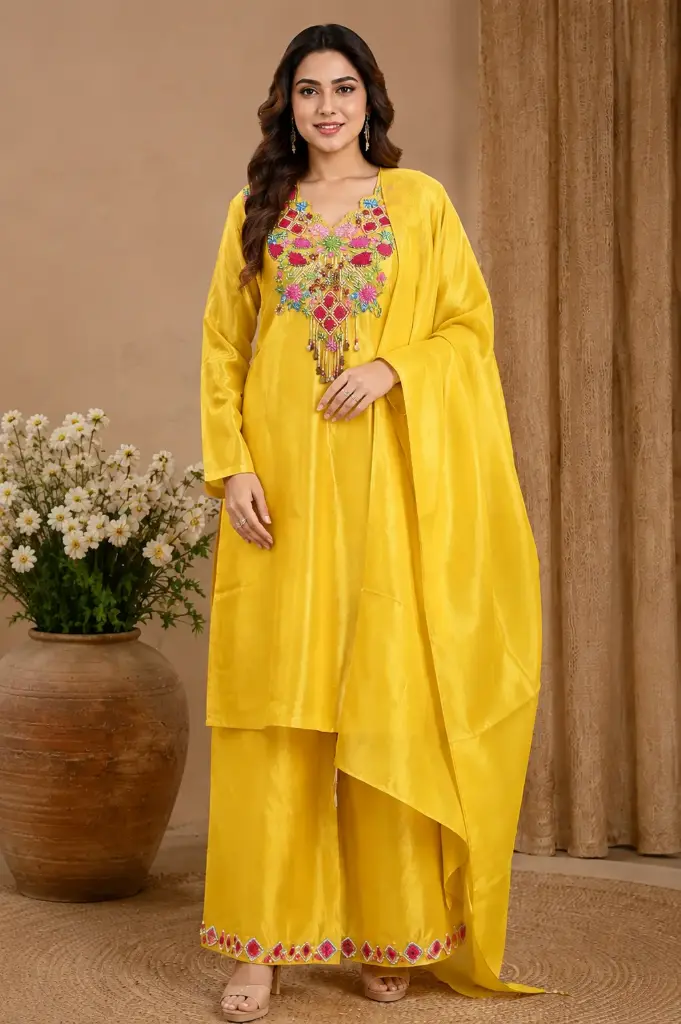 Women’s Yellow Embroidered Kurta Palazzo Set with Floral Handwork Neckline, Matching Palazzo n Dupatta