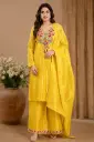 Women’s Yellow Embroidered Kurta Palazzo Set with Floral Handwork Neckline, Matching Palazzo n Dupatta
