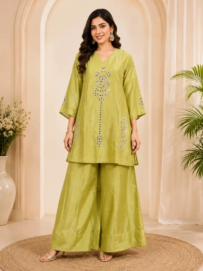 Elegant Pistachio Green Kurta Palazzo Set with Mirror Work, V-Neck Design n Flared Palazzo for Festive