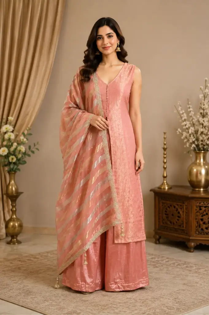 Women’s Peach Pink Long Kurti Palazzo Set with V-Neck Button Detailing, Brocade Texture n Striped Embellished Dupatta