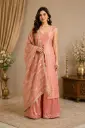 Women’s Peach Pink Long Kurti Palazzo Set with V-Neck Button Detailing, Brocade Texture n Striped Embellished Dupatta