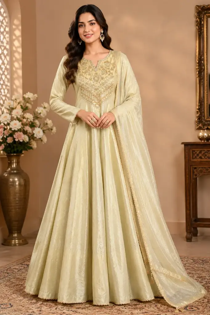 Women’s Ivory Gold Embroidered Long Gown with Sequin Work, Flared Silhouette n Sheer Dupatta