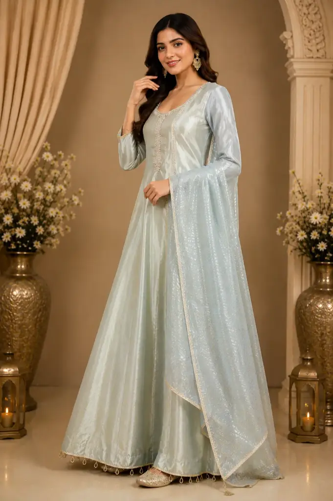 Elegant Golden Long Gown with Striped Dupatta, Embroidered Neckline n Flared Silhouette for Wedding