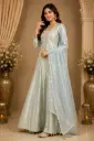 Elegant Golden Long Gown with Striped Dupatta, Embroidered Neckline n Flared Silhouette for Wedding