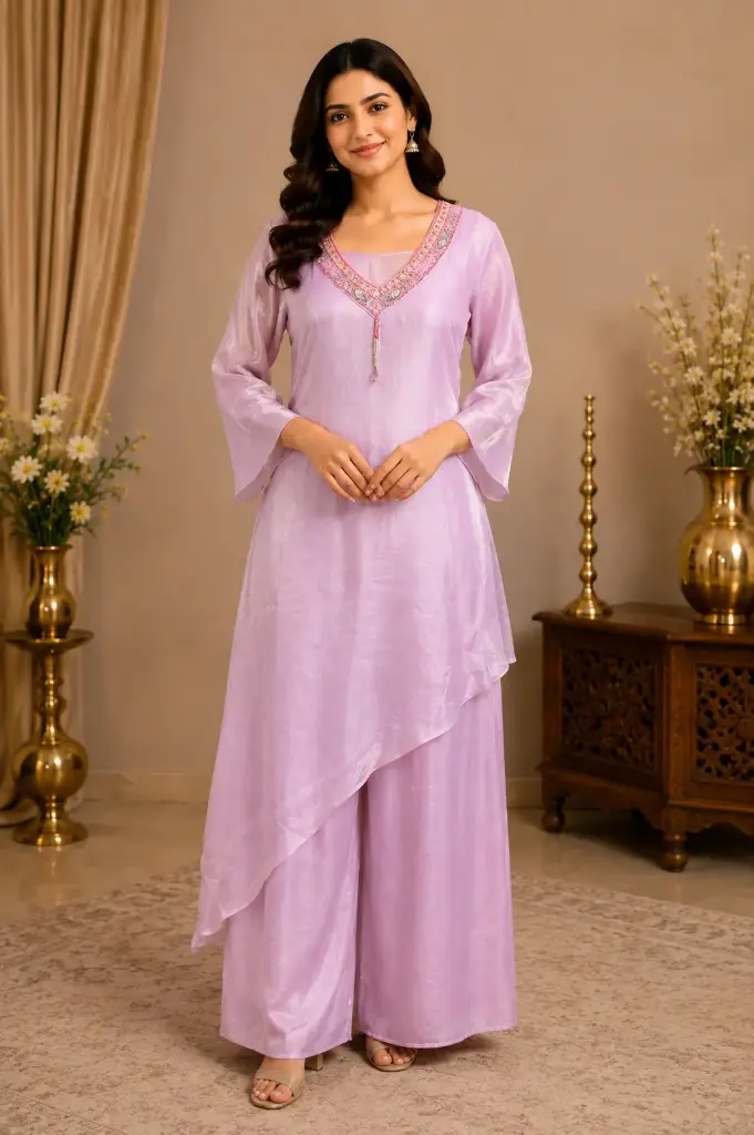 Women’s Light Pink Kurti Palazzo Set with Inner, Embellished V-Neck Long Kurti, Full Sleeves n Elegant Flared Palazzo