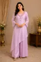 Women’s Light Pink Kurti Palazzo Set with Inner, Embellished V-Neck Long Kurti, Full Sleeves n Elegant Flared Palazzo
