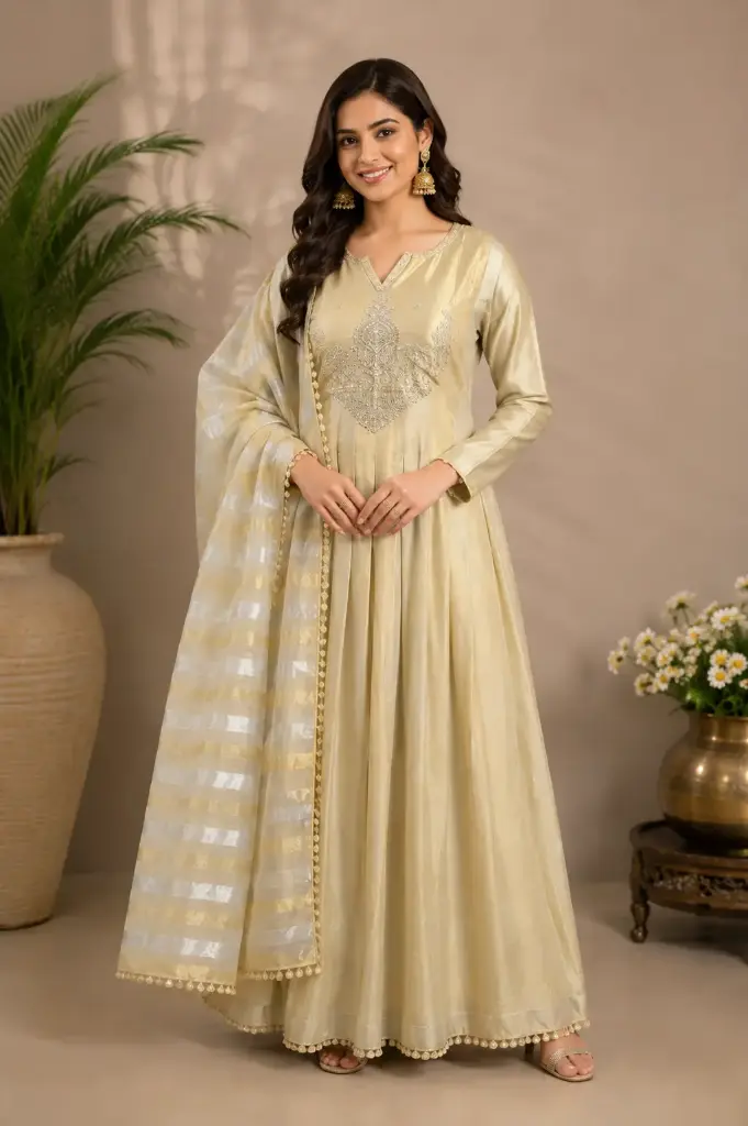  Elegant Cream Gold Long Gown with Embroidered Front n Striped Dupatta