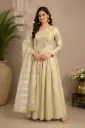  Elegant Cream Gold Long Gown with Embroidered Front n Striped Dupatta