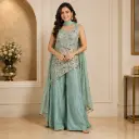 Sea Green Embroidered Crop Top Plazoo Set with Sheer Dupatta, Designer Wide-Leg Palazzo