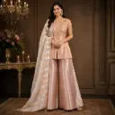 Peach Embroidered Crop Top Palazzo Set with Striped Sheer Dupatta, Flared Plazoo n Gold Detailing