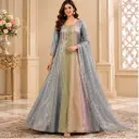 Women’s Grey Multicolor Long Gown with Embroidered Neckline n Designer Dupatta