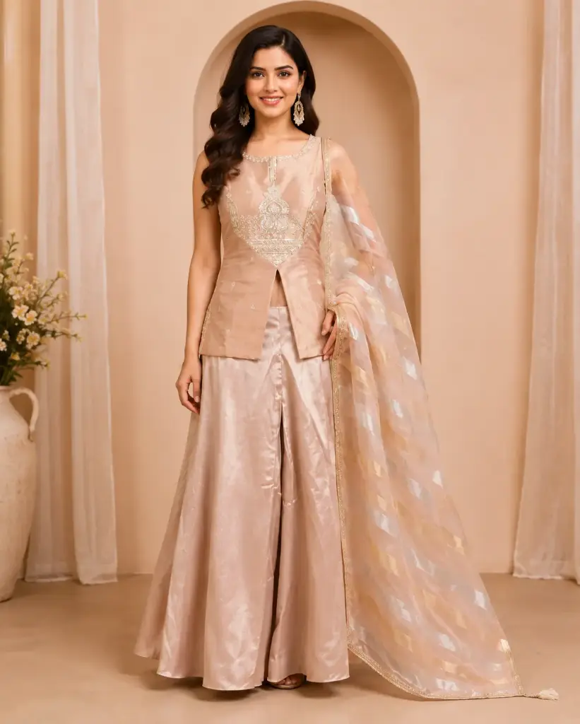 Elegant Peach Gold Indo Western Palazzo Set with Embroidered Top, Flared Pants n Striped Dupatta for Wedding