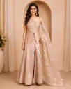 Elegant Peach Gold Indo Western Palazzo Set with Embroidered Top, Flared Pants n Striped Dupatta for Wedding