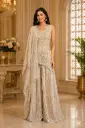 Women’s Cream Embroidered Indo-Western Top Set with Wide-Leg Bottom n Sheer Dupatta