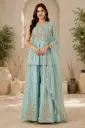 Elegant Mint Green Indo Western Palazzo Set with Embroidered Top, Gold Detailing n Sheer Dupatta for Wedding