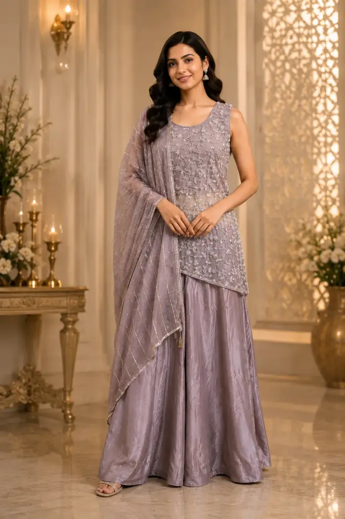 Women’s Mauve Sharara Set with Embroidered Sleeveless Kurti, Flared Sharara n Matching Dupatta
