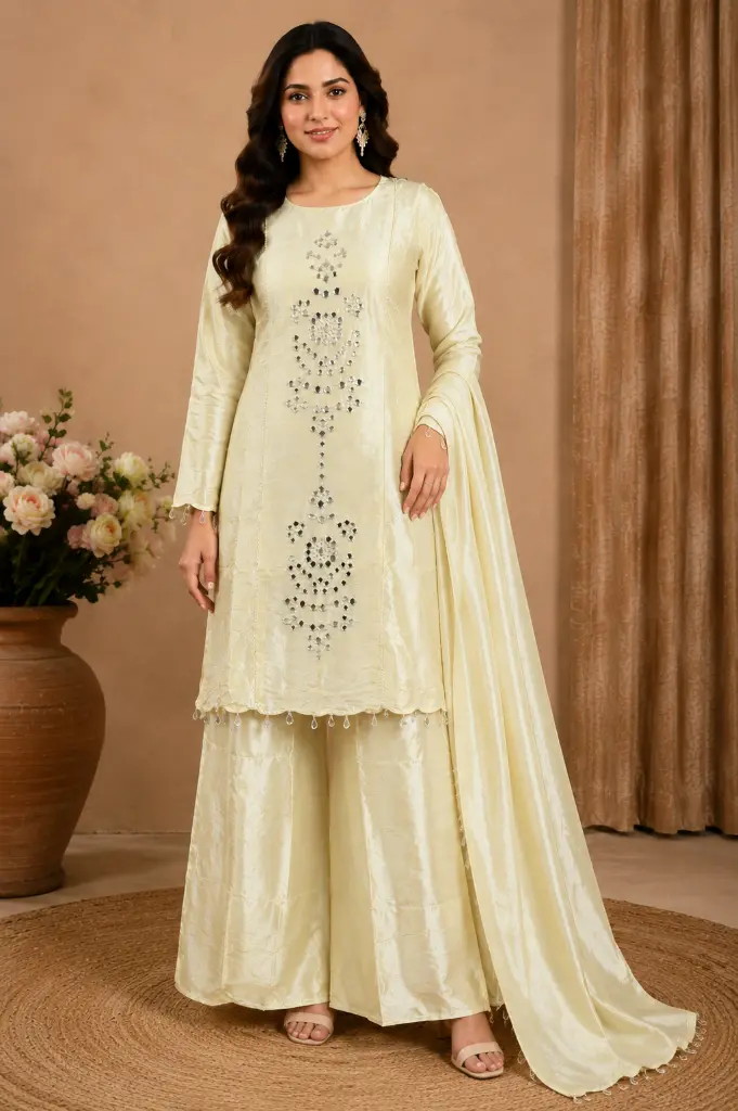 Women’s Ivory Mirror Work Kurta Palazzo Set with Embellished Back, Matching Dupatta n Wide-Leg Palazzo