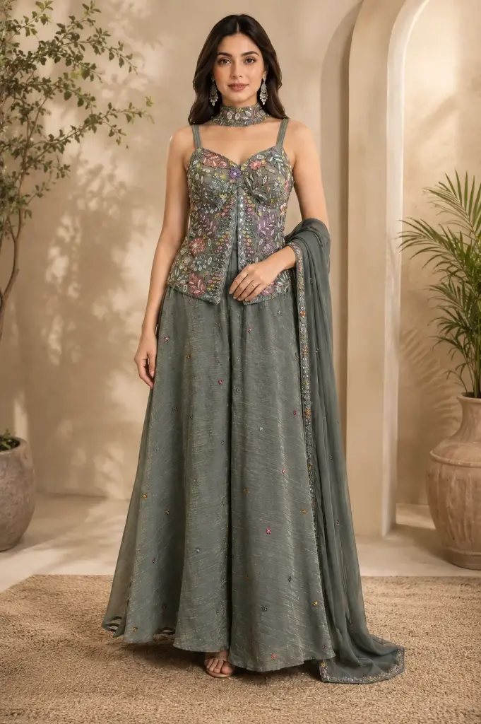 Elegant Grey Indo Western Crop Top Palazzo Set with Multicolor Floral Embroidery, Designer Neckline n Flared Palazzo for Festive Wear