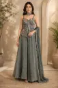 Elegant Grey Indo Western Crop Top Palazzo Set with Multicolor Floral Embroidery, Designer Neckline n Flared Palazzo for Festive Wear