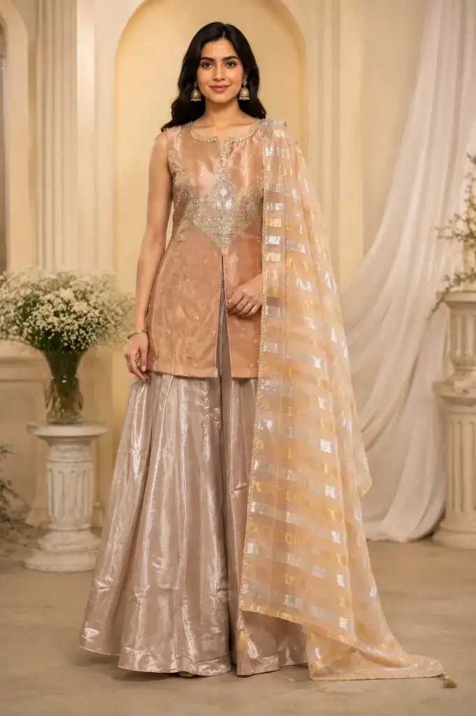 Rose Gold Crop Top Sharara Set with Embroidered Top n Striped Dupatta