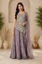 Lavender Indo-Western Palazzo Set with Floral Embroidered Top, Sheer Striped Dupatta n Elegant Detailing for Festive Party Wear
