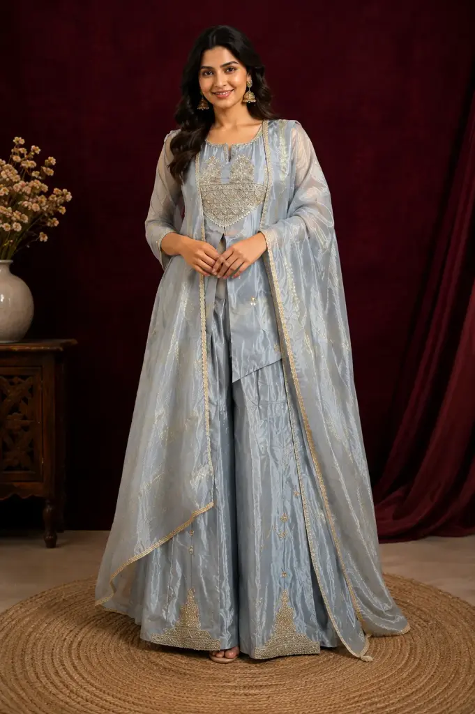 Women’s Silver Gold Embroidered Crop Top Palazzo Set with Embellished Neckline, Sheer Dupatta n Wide-Leg Palazzo